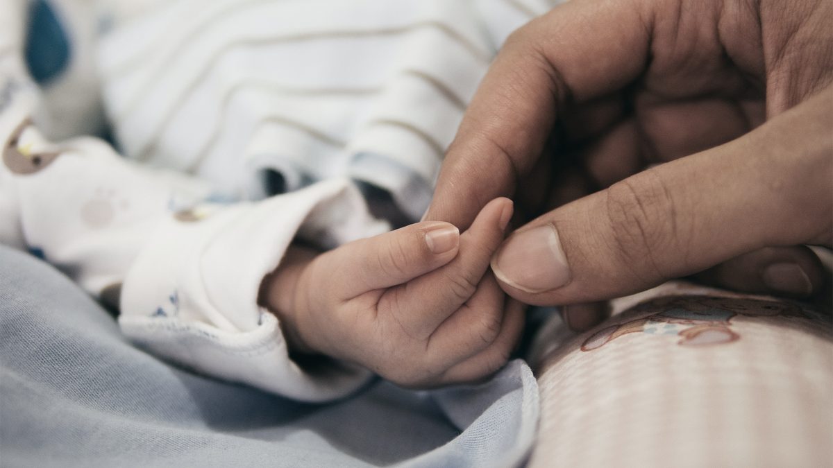 Hands of a adult, gently holding the fingers of a baby.