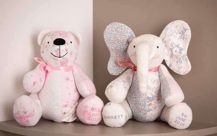 Memory bear and memory elephant, made from baby clothes